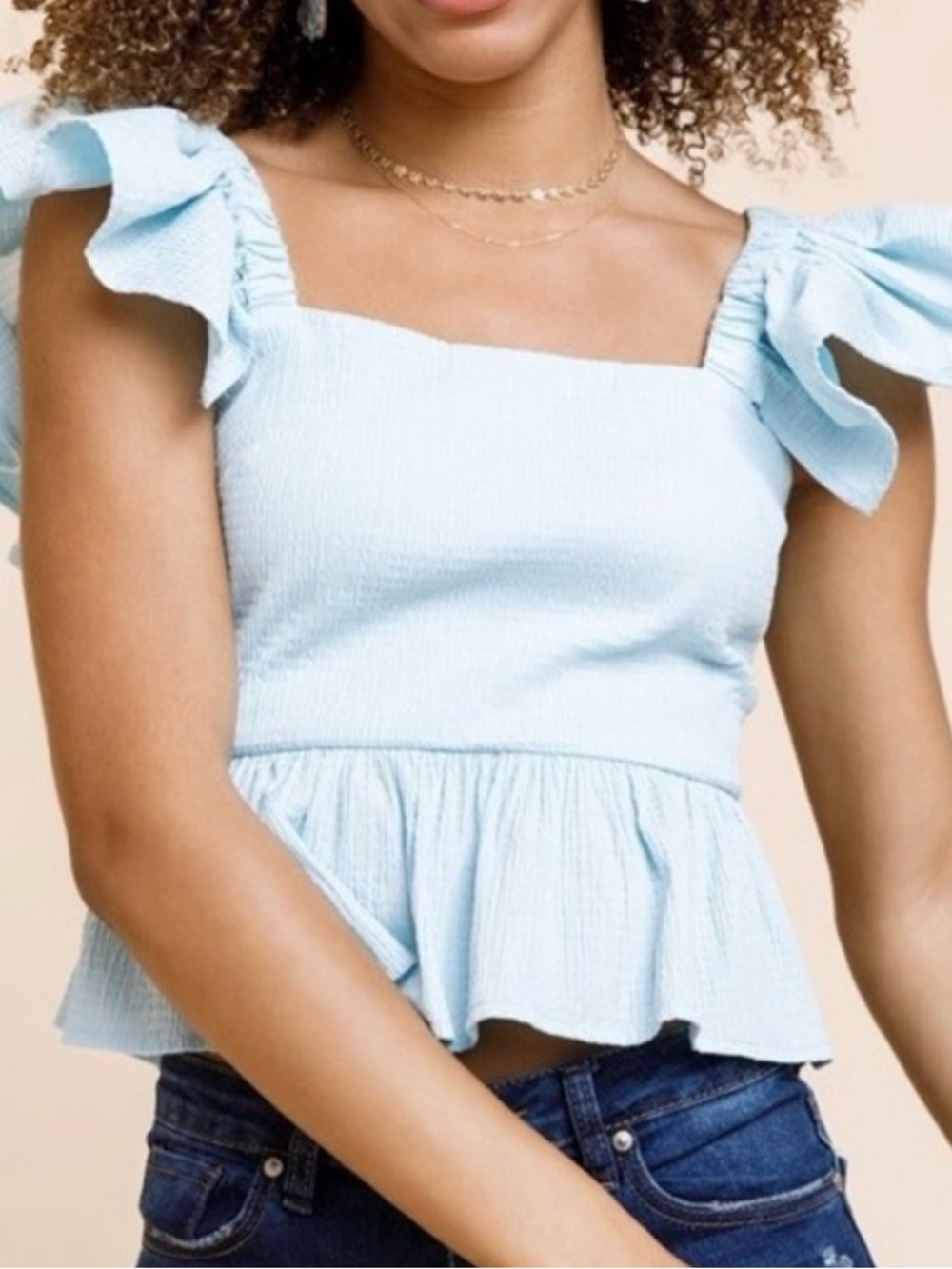 Francesca's Collections Baby Blue Ruffle Peplum Top